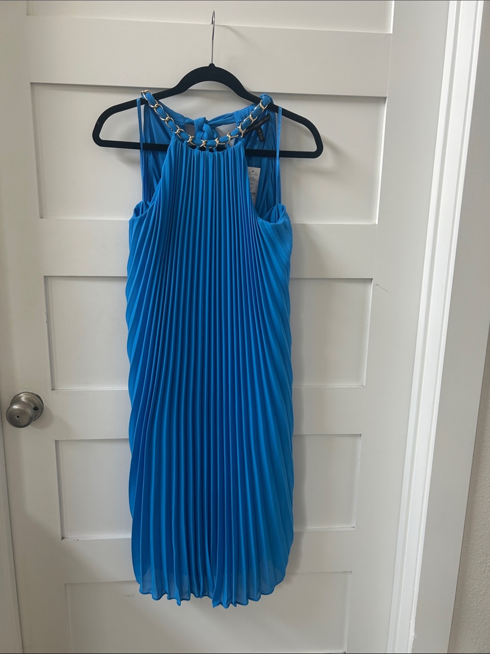 White House Black Market Bright Blue Pleated Halter Dress with Chain Accent